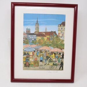 Petra Moll Lithograph Hand Pencil Signed Art Framed Embossed Stamp Munich Market